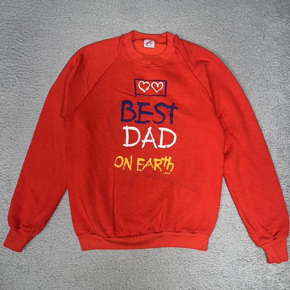 VTG Jerzees Best Dad On Earth Sweater Men's Sz M 38-40 Red Made In USA Embroider